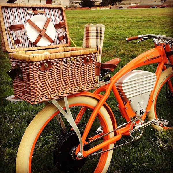 vintage e-tracker electric bike picnic basket