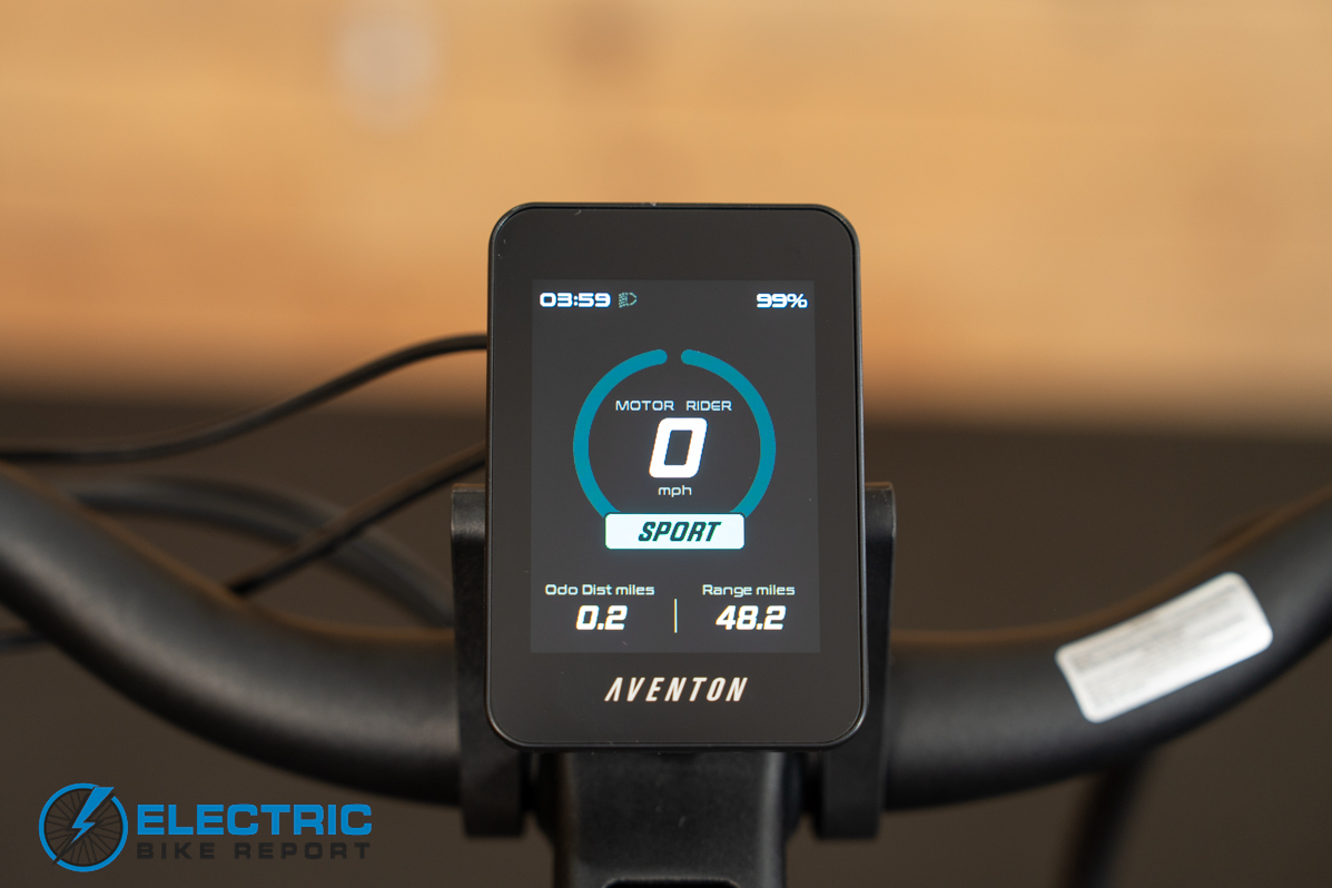 Aventon Pace 5 REC electric bike display screen close-up showing controls and settings