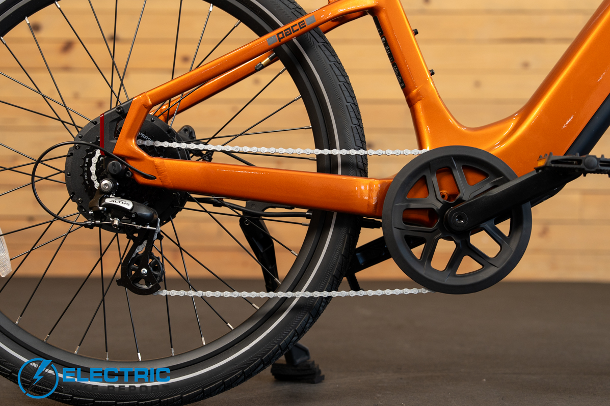 Aventon Pace 5 REC electric bike drivetrain components including motor chain and rear cassette