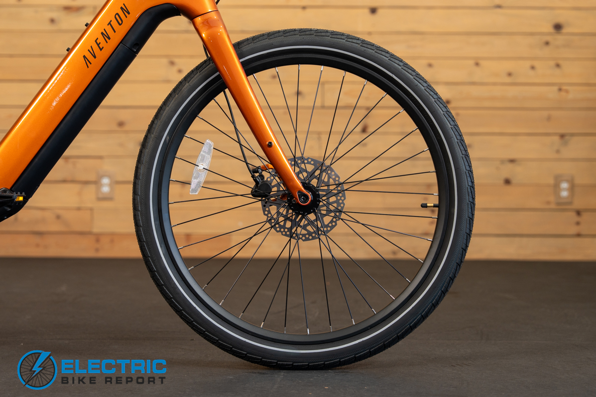 Aventon Pace 5 REC electric bike front wheel close-up detail