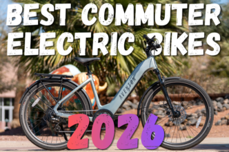 Promotional image for 2026 best commuter electric bikes, featuring a silver e-bike with bold title text overlaid.