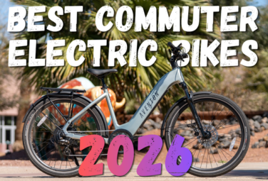 Promotional image for 2026 best commuter electric bikes, featuring a silver e-bike with bold title text overlaid.