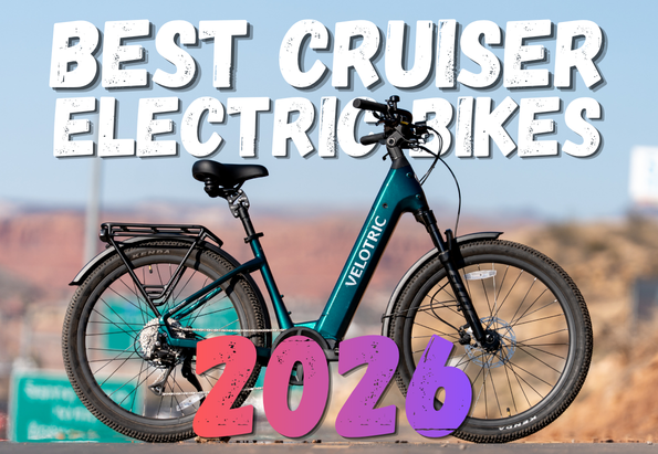 Blue electric cruiser bike with bold white 'Best Cruiser Electric Bikes' text and large pink '2026' overlay over a desert backdrop, likely a cover image.
