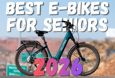 Headline 'Best e-bikes for seniors' over a teal electric bike on a scenic road, with a bold pink '2026' overlay indicating the article year