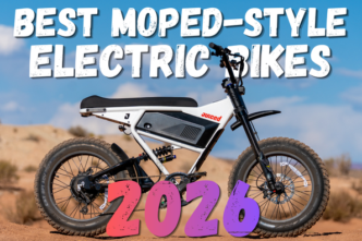 Electric moped-style bike on a desert trail with bold white 'BEST MOPED-STYLE ELECTRIC BIKES' text above and pink '2026' overlay