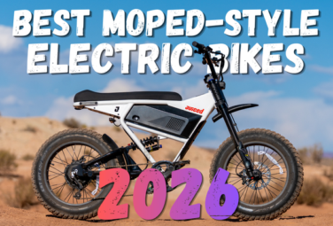 Electric moped-style bike on a desert trail with bold white 'BEST MOPED-STYLE ELECTRIC BIKES' text above and pink '2026' overlay