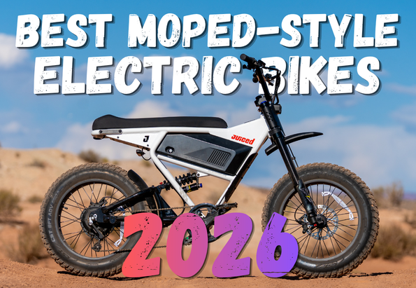 Electric moped-style bike on a desert trail with bold white 'BEST MOPED-STYLE ELECTRIC BIKES' text above and pink '2026' overlay