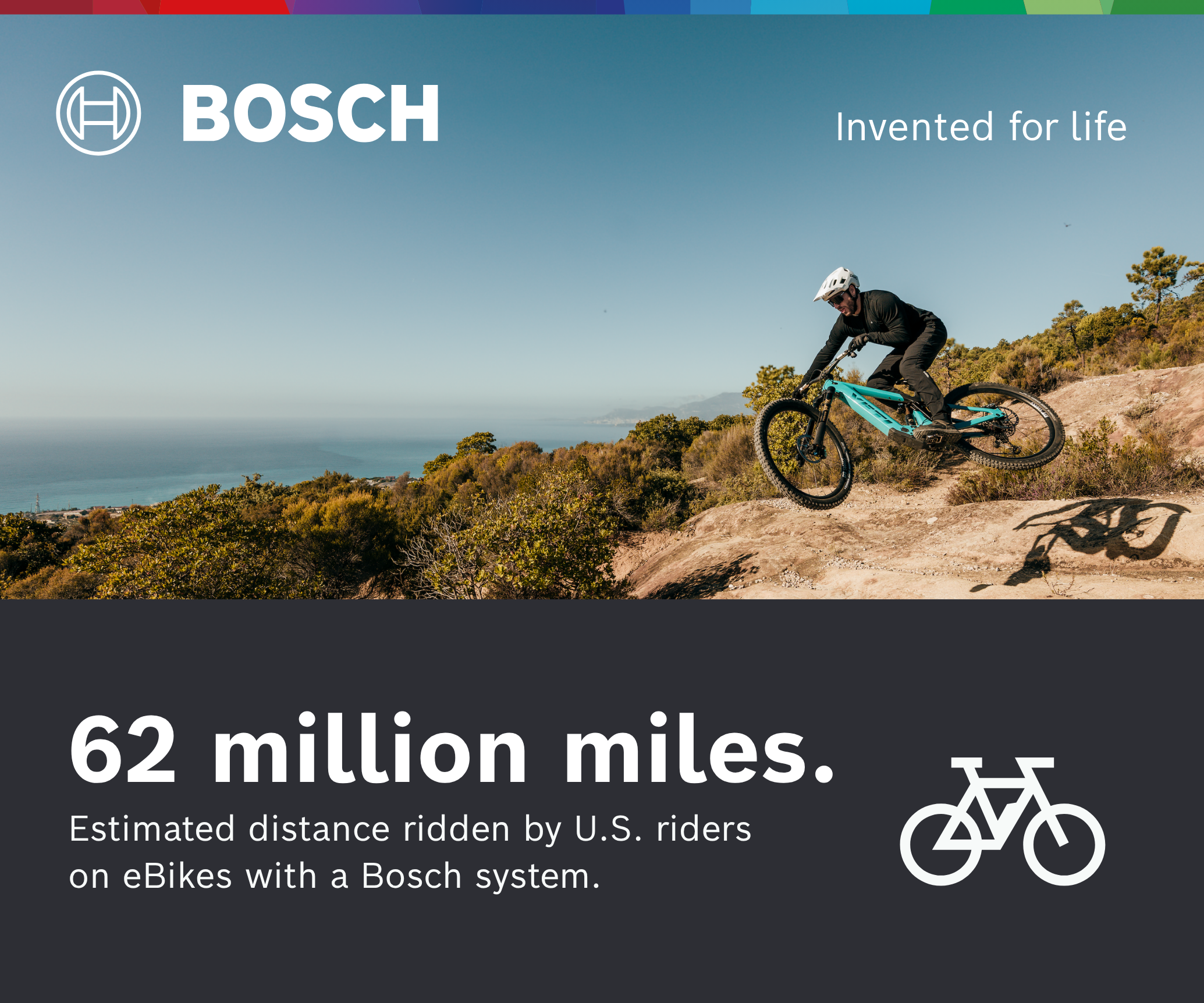 Bosch e-bike infographic celebrating 62 million miles ridden by electric bike riders worldwide