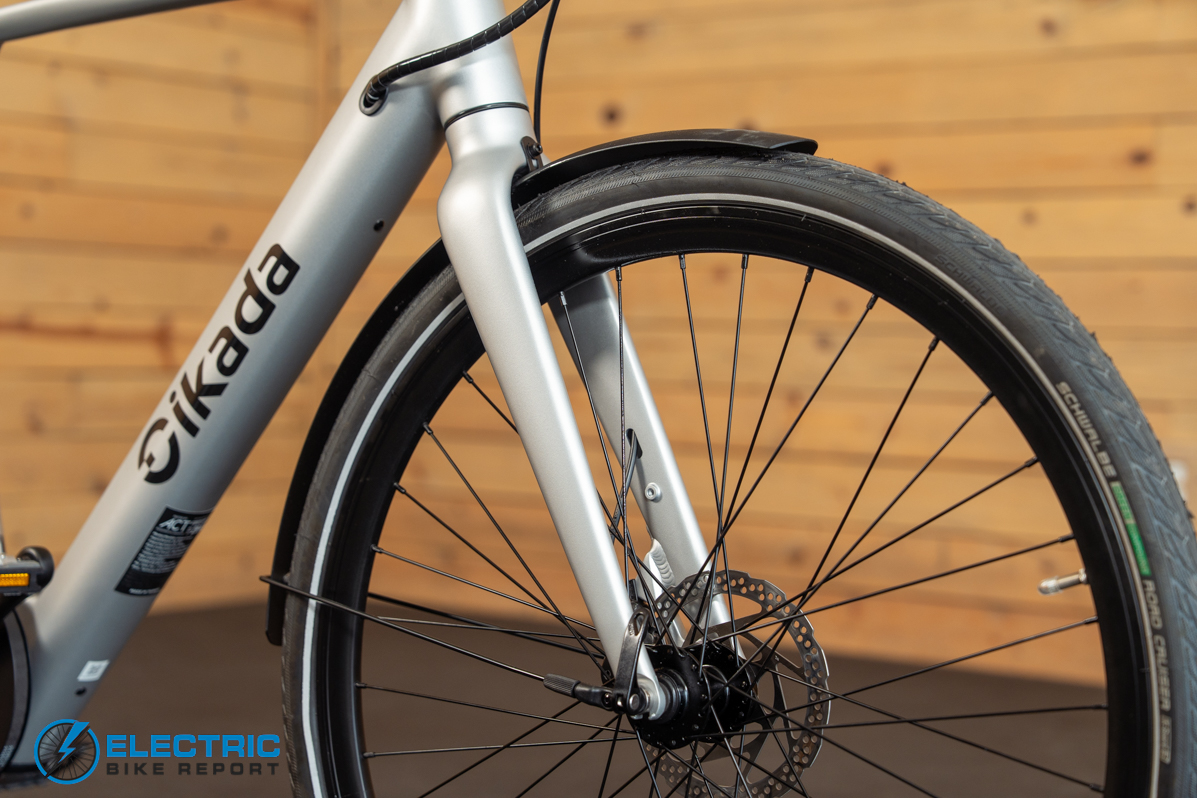 Cikada Urban Cruise front fork suspension detail close-up