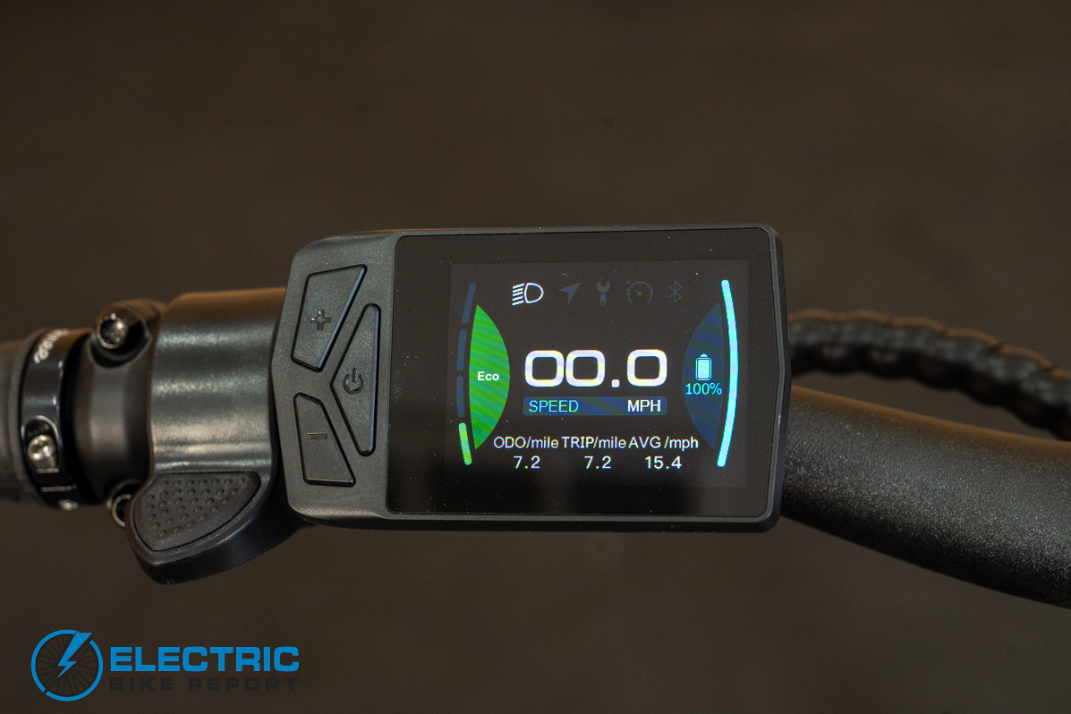 Euphree Stellar Falcon 2 electric bike display screen closeup showing settings and ride data