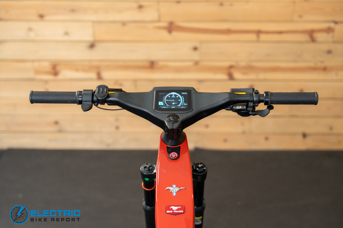 N+ Ford Mustang electric bike cockpit display handlebars and controls close-up view