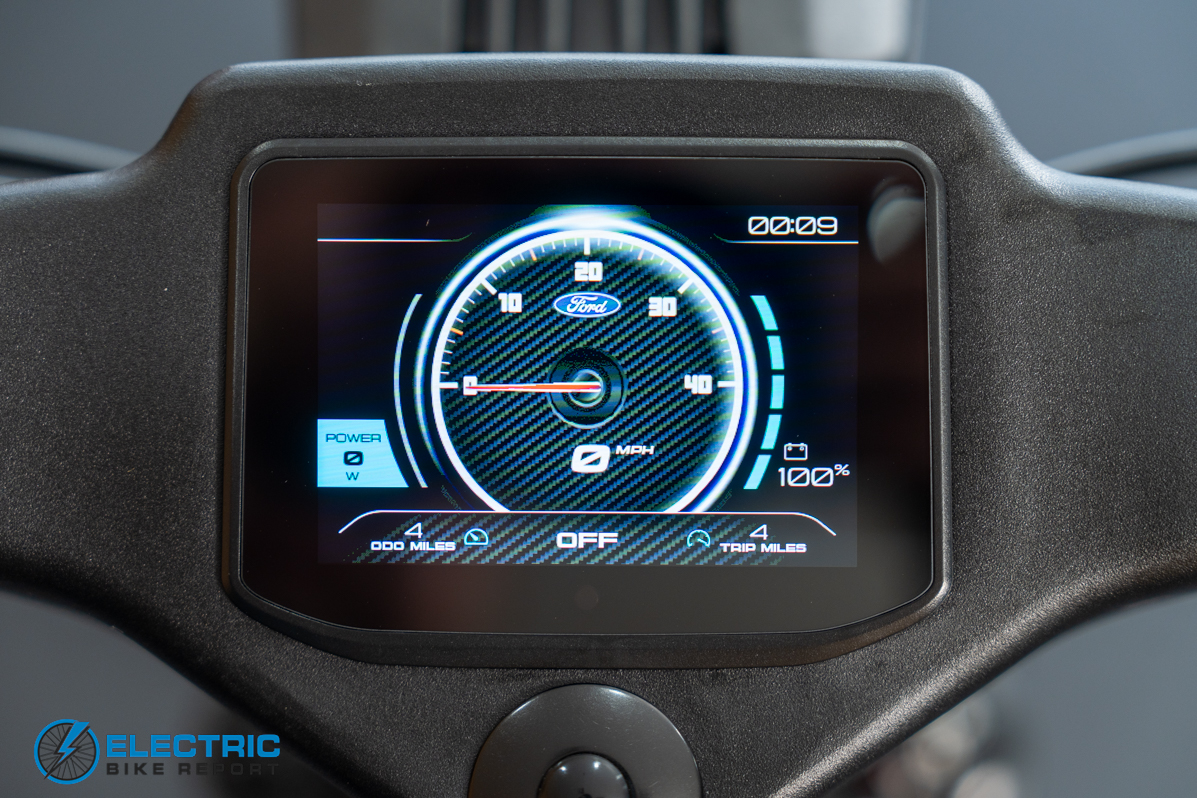 N+ Ford Mustang electric bike display screen showing ride data and settings