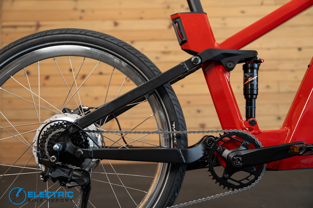 N+ Ford Mustang full suspension wide electric bike showcasing the complete frame and suspension system