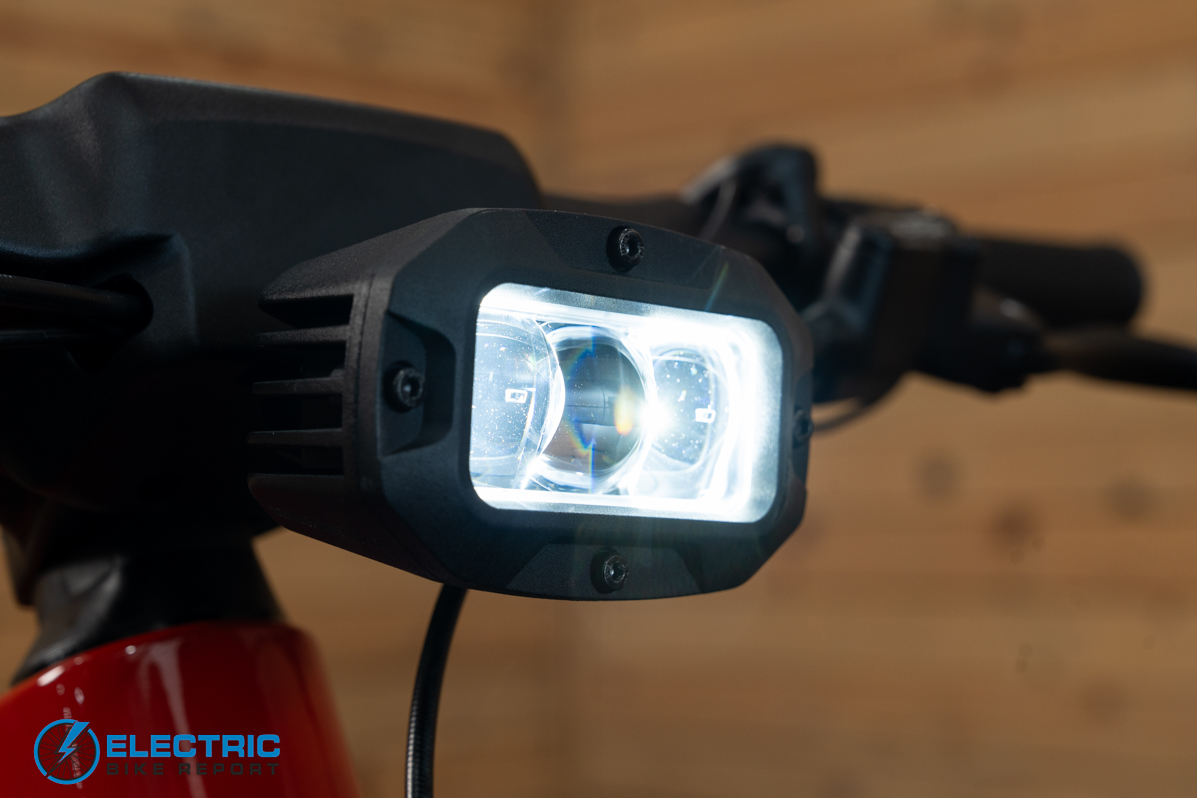 N+ Ford Mustang electric bike headlight illuminated close up detail shot