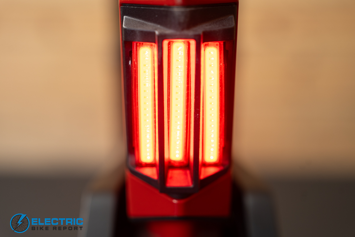 N+ Ford Mustang electric bike taillight illuminated closeup detail shot