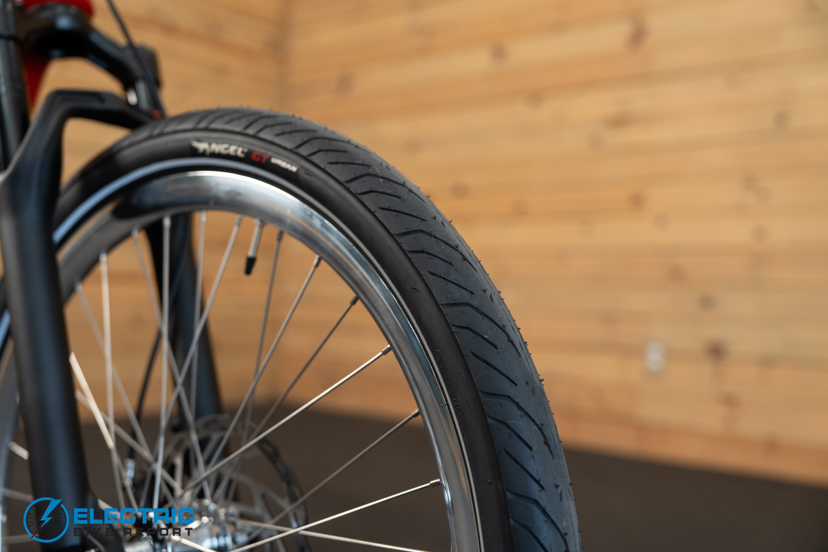 N+ Ford Mustang electric bike knobby tire tread pattern close up