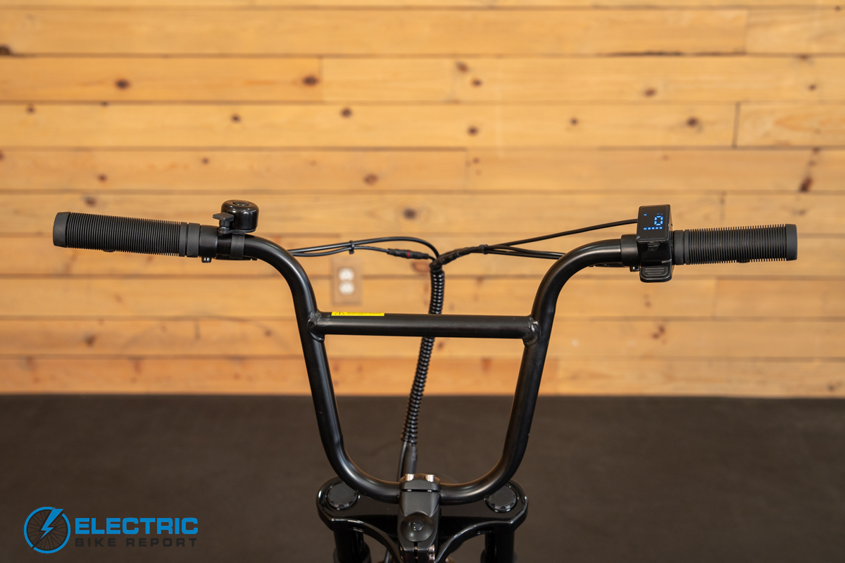 GoTrax Ranger 16 electric bike cockpit showing handlebars display and controls