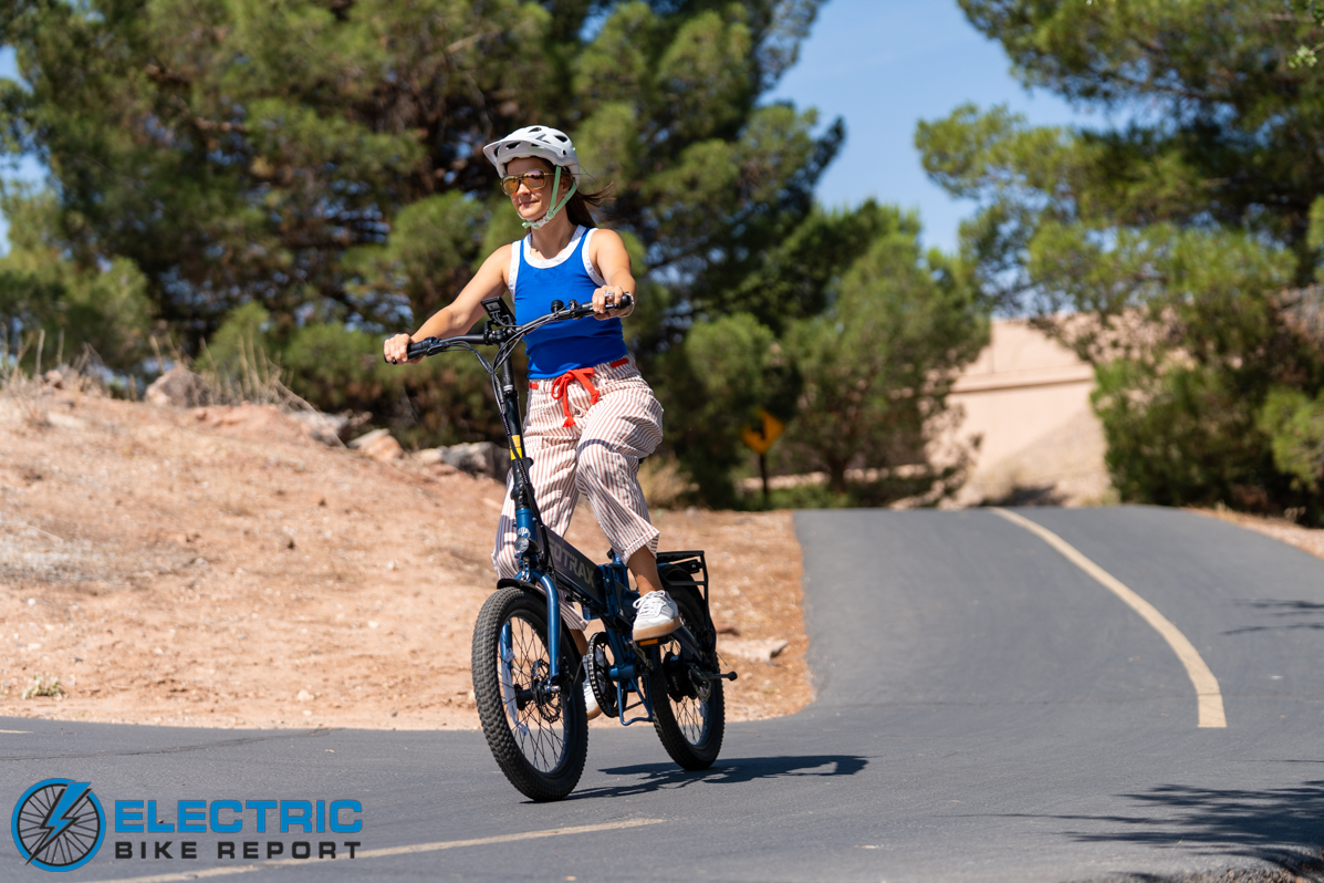 GoTrax E-Fold folding electric bike in action shot number two showing rider in motion