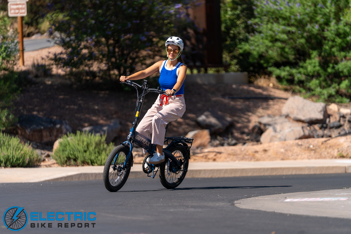 GoTrax E-Fold folding electric bike action shot rider in motion
