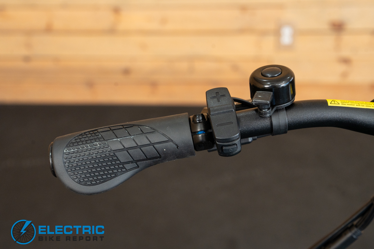 GoTrax F3 electric bike left side handlebar controls closeup rear view