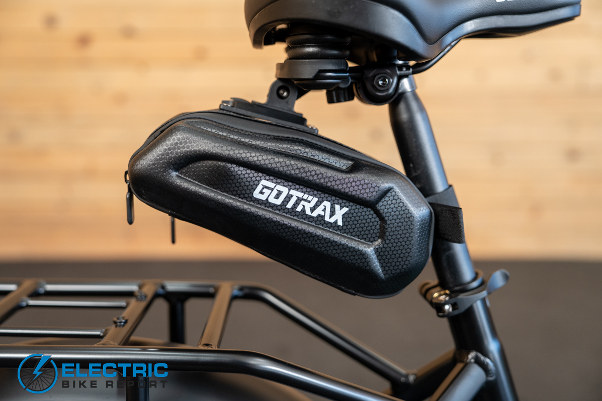 GoTrax F3 electric bike saddle pouch storage bag mounted under the seat