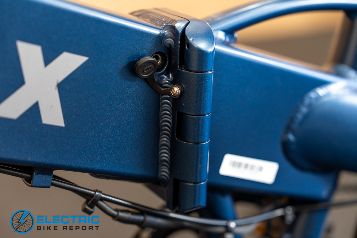 GoTrax E-Fold folding electric bike mid section backside view showing hinge mechanism