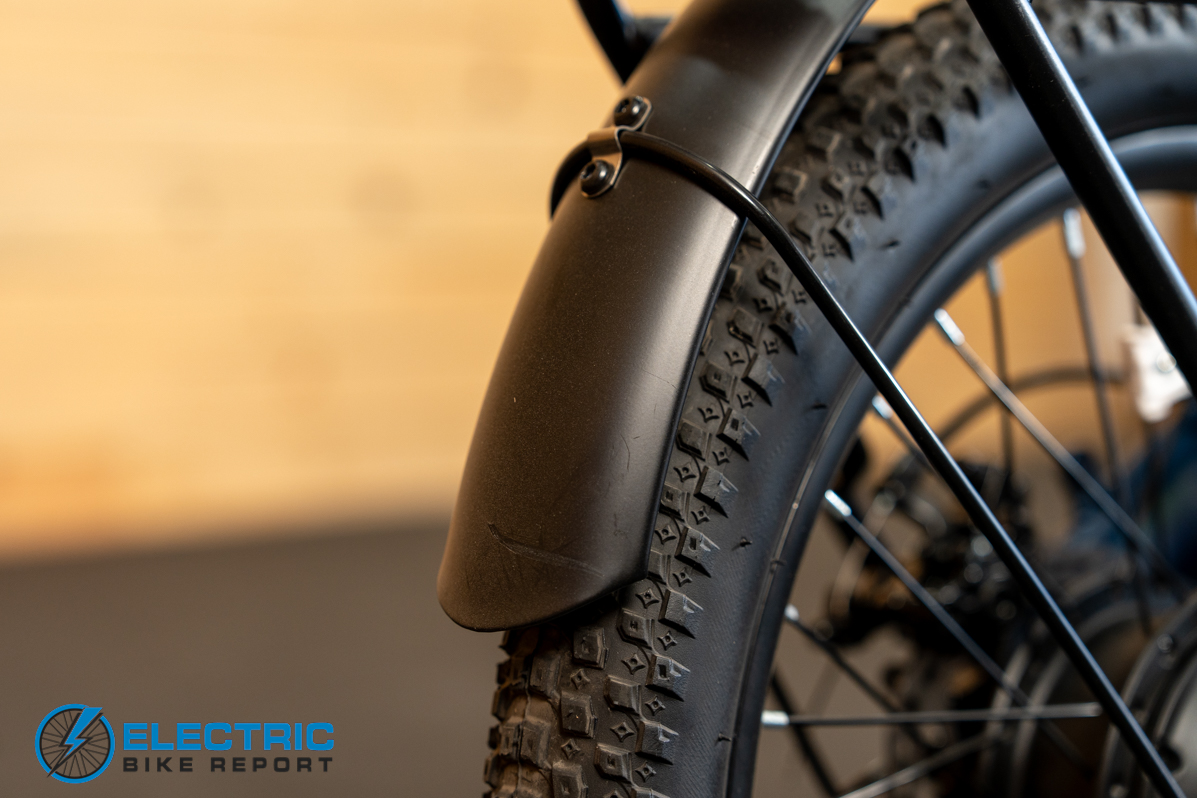 GoTrax E-Fold front fender detail showing fender design and mounting on folding electric bike