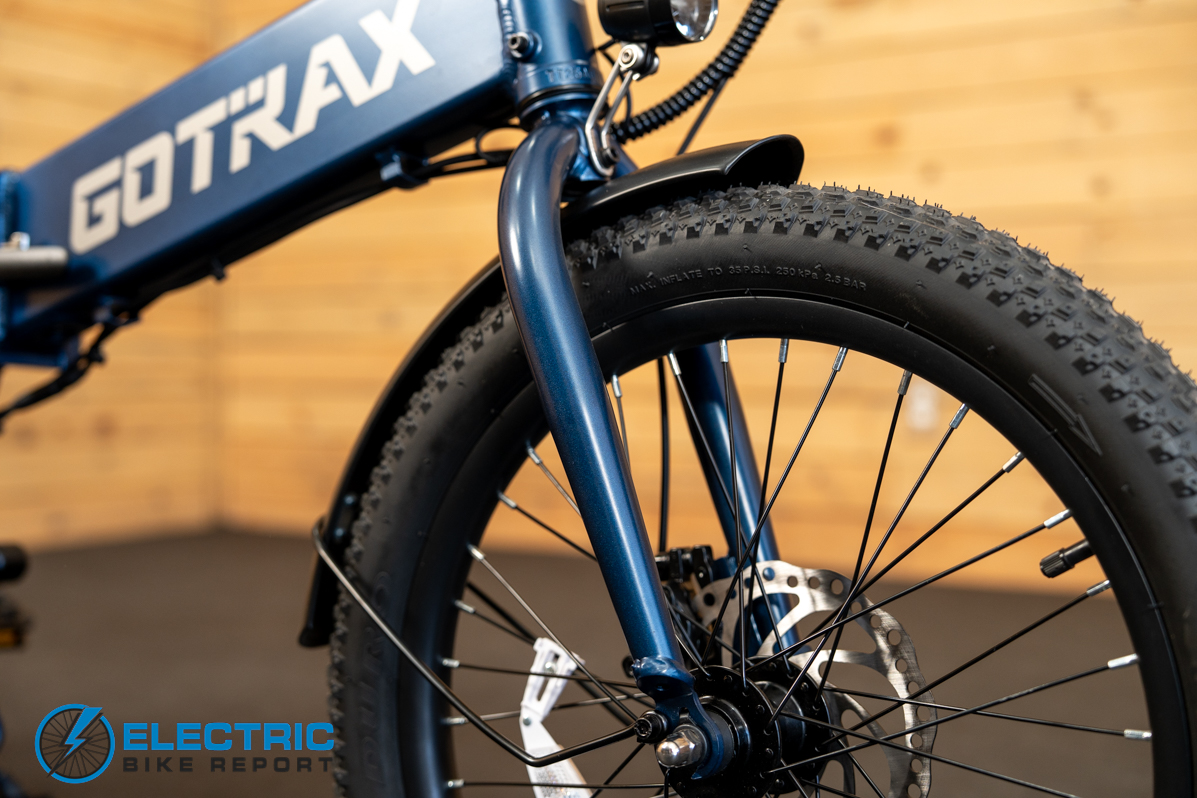 GoTrax E-Fold front fork suspension detail close-up