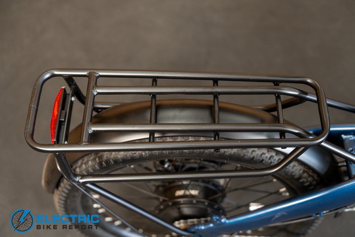 GoTrax E-Fold rear rack detail showing cargo carrying capability on the folding electric bike