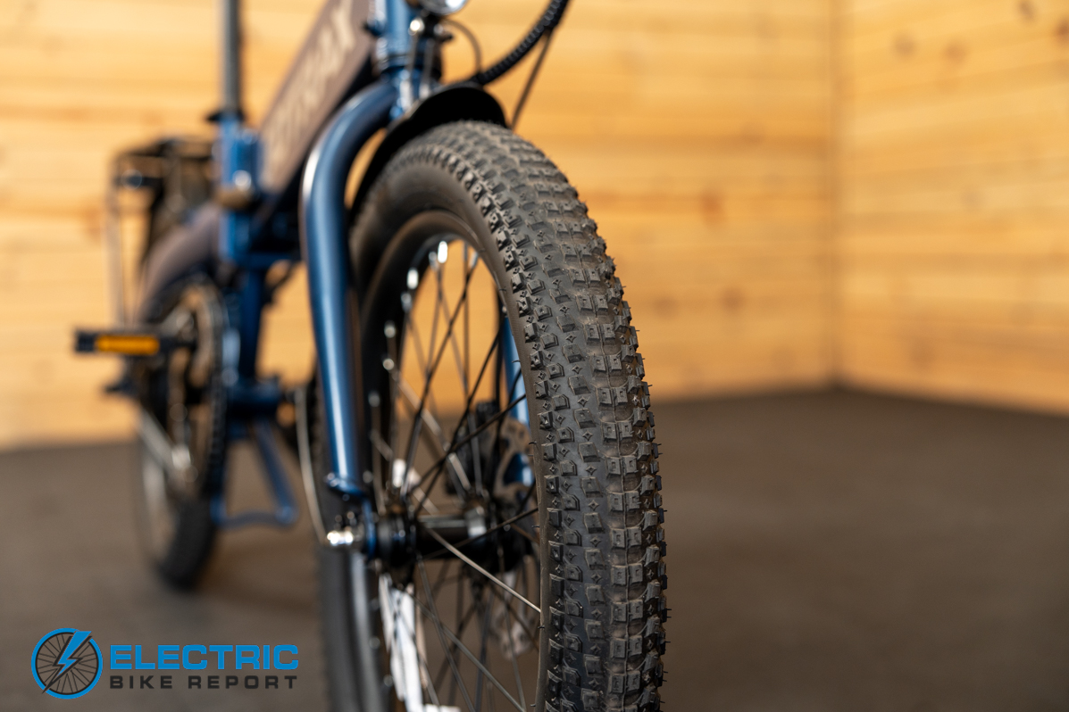 GoTrax E-Fold tire tread pattern close-up showing grip and rubber compound detail