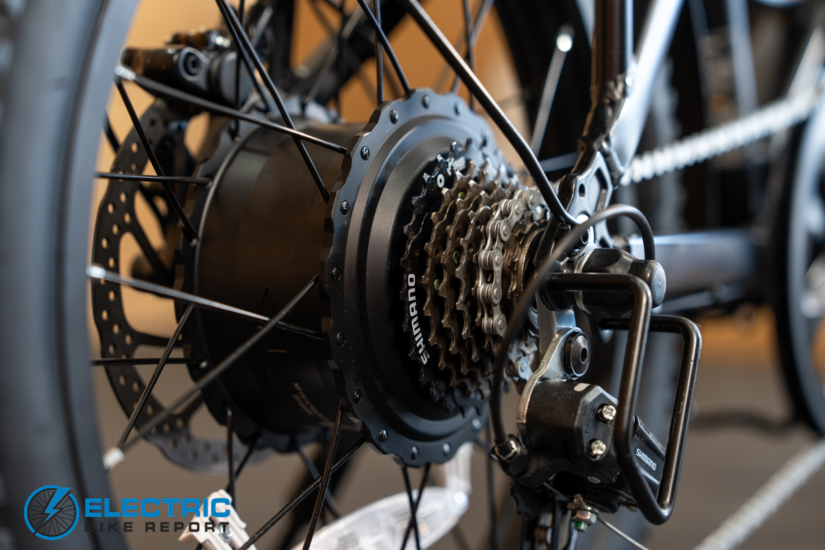GoTrax F2 electric bike rear cassette gear cluster close up
