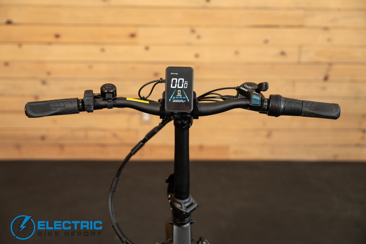 GoTrax F2 electric bike cockpit showing handlebar controls display and stem components