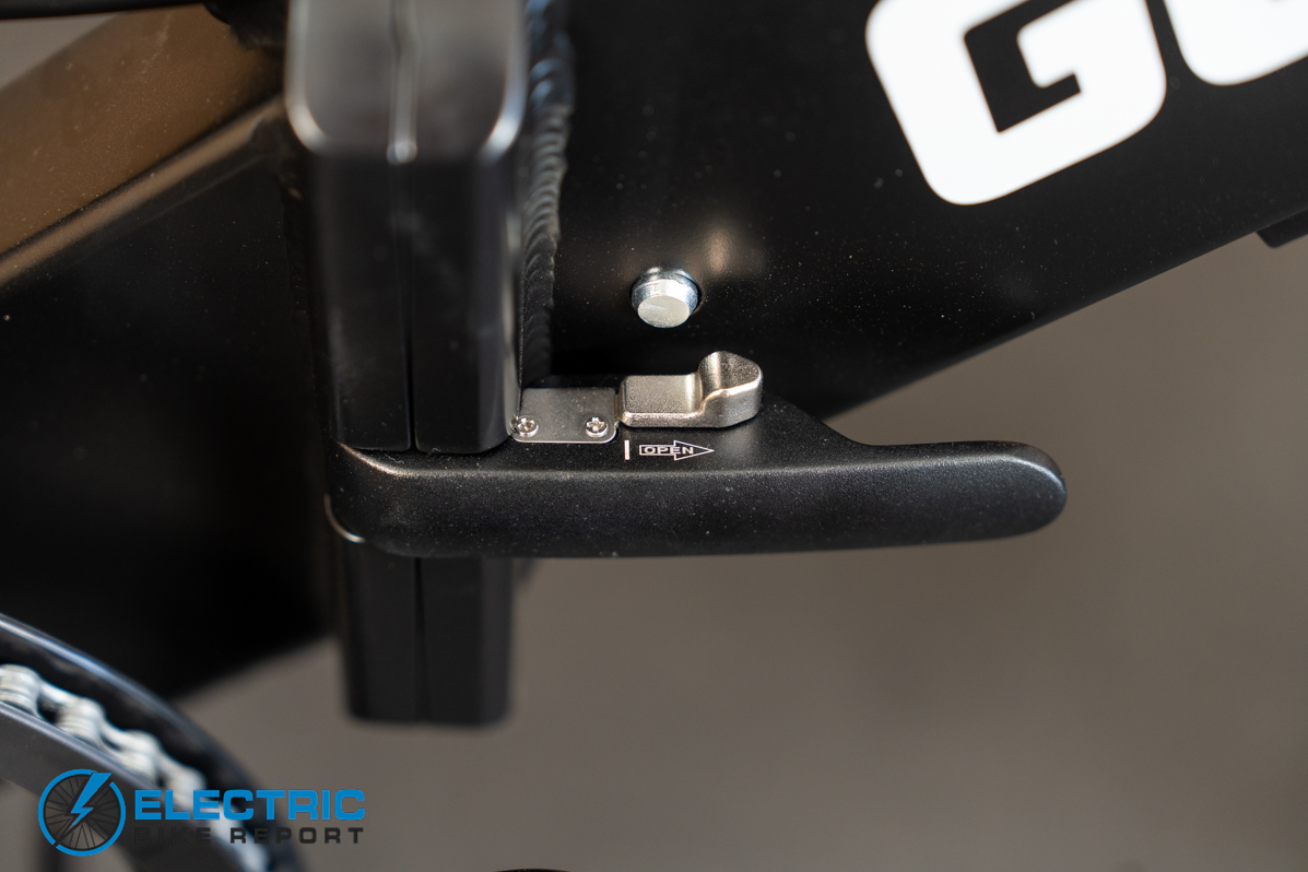 GoTrax F2 folding electric bike front folding latch mechanism close up