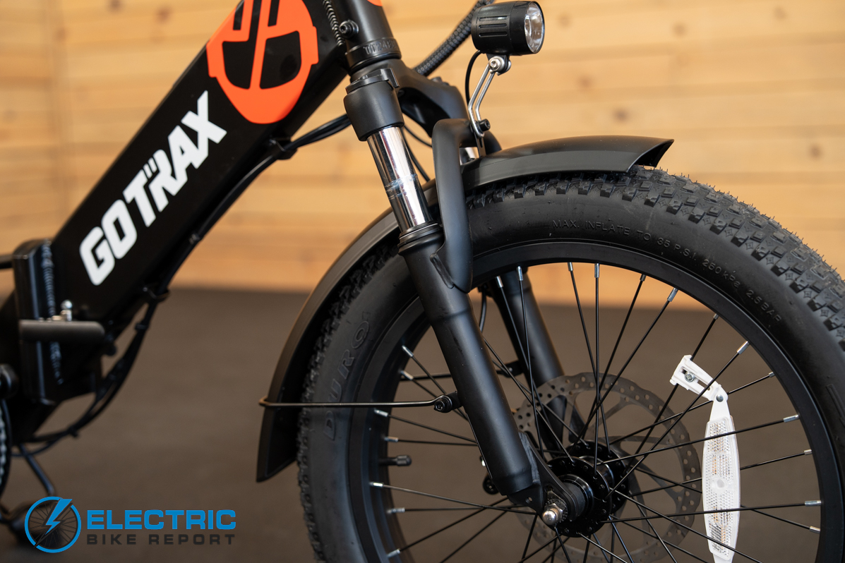 GoTrax F2 electric bike front suspension fork close-up detail