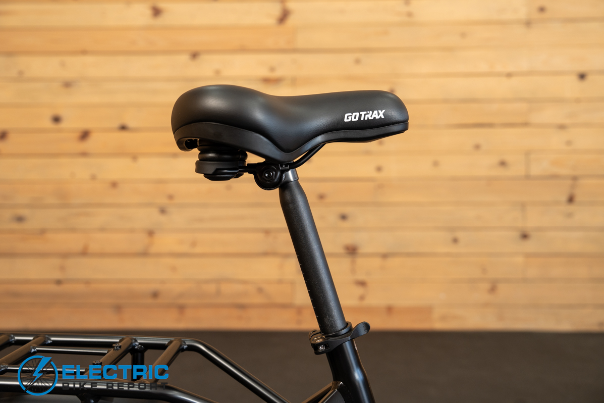 GoTrax F2 electric bike saddle close-up showing seat comfort and design details