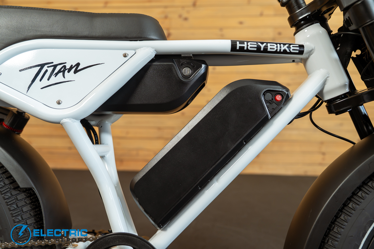 Heybike Titan white electric bike dual battery system close-up view