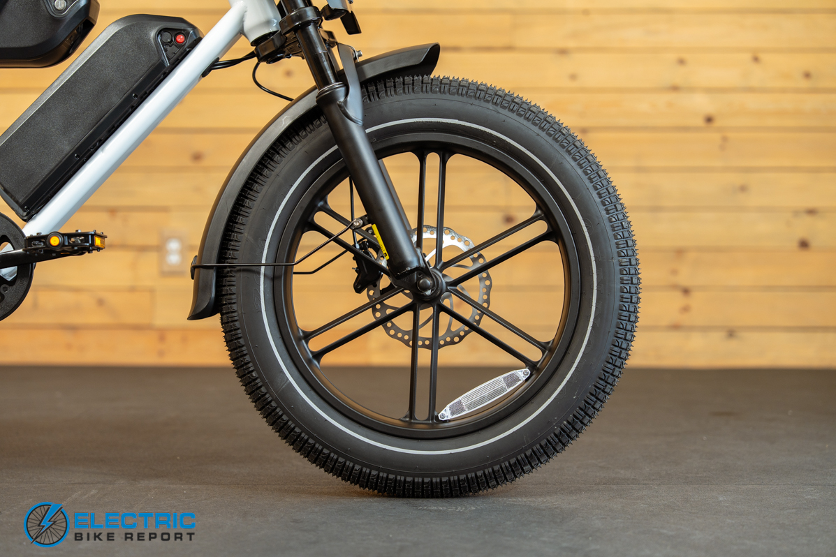 Heybike Titan white front wheel close-up detail on electric fat tire bike