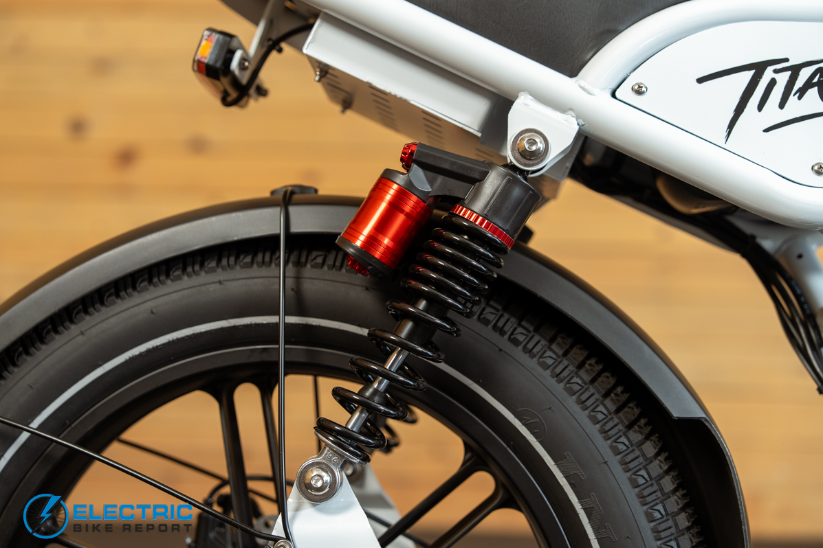 Heybike Titan white full suspension system closeup detail