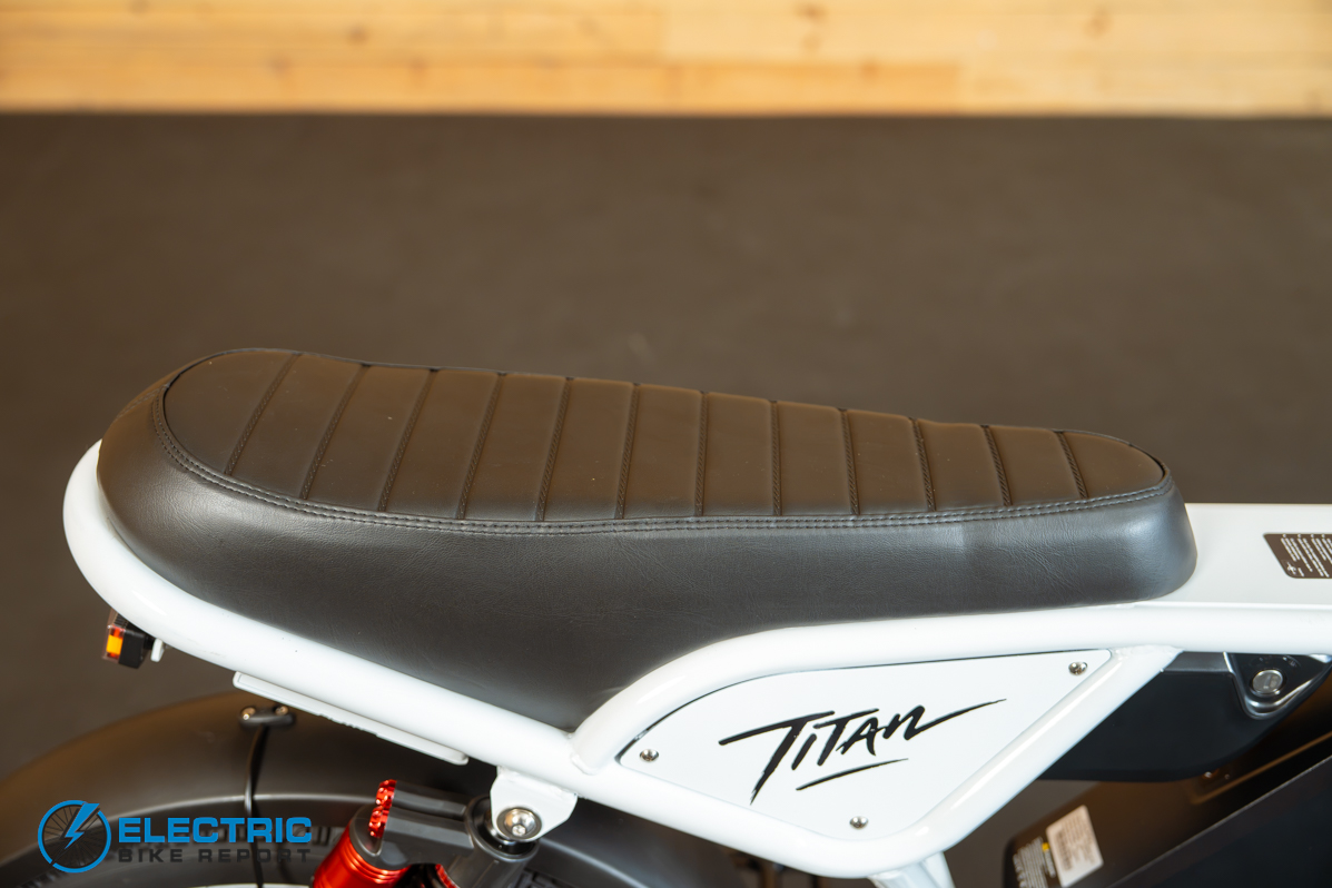Heybike Titan white electric bike saddle close-up view
