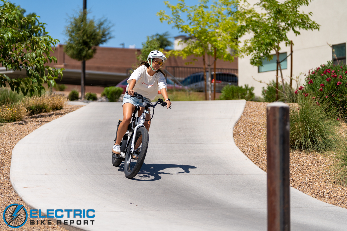 JackRabbit MG Cargo electric cargo bike in action shot outdoors