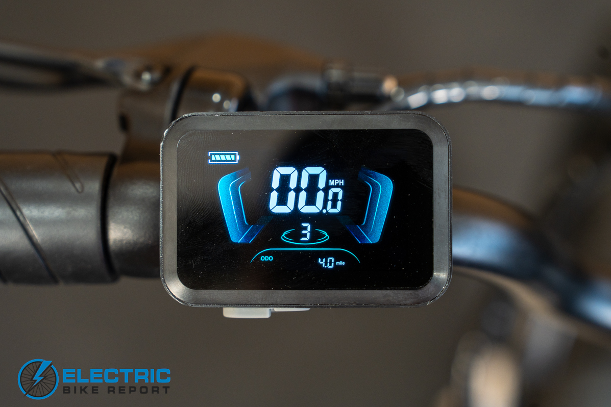 JackRabbit MG Cargo electric bike display screen showing battery and speed information