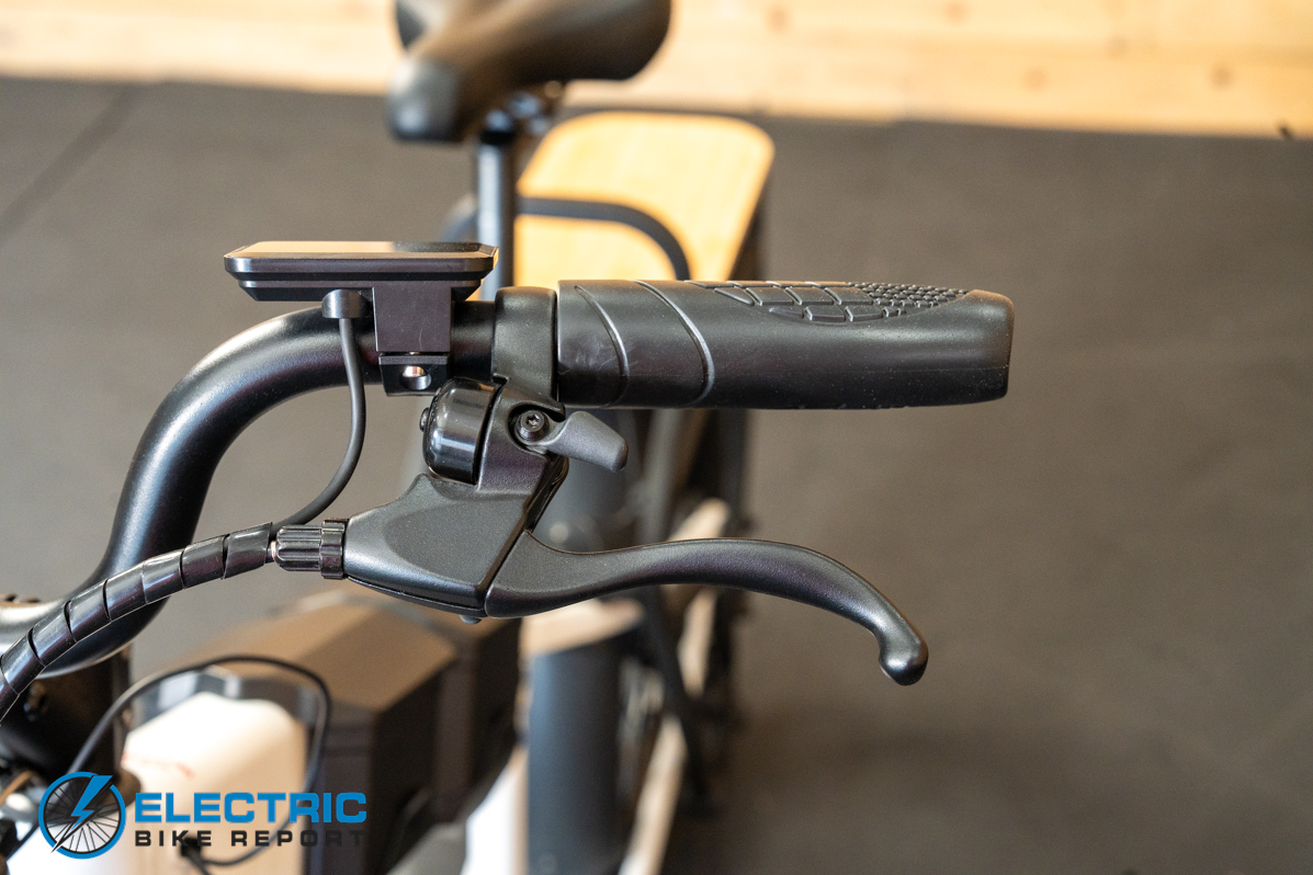 JackRabbit MG Cargo electric bike left side handlebar and front view closeup