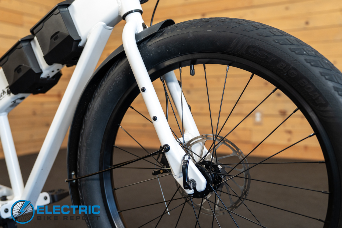 JackRabbit MG Cargo electric bike front fork suspension detail close-up