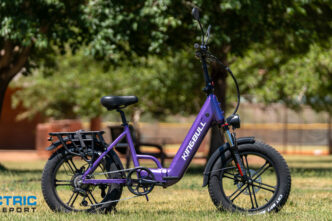 Purple electric bike with a black saddle and rear rack parked on grass in a park; Electric Bike Report watermark in corner.