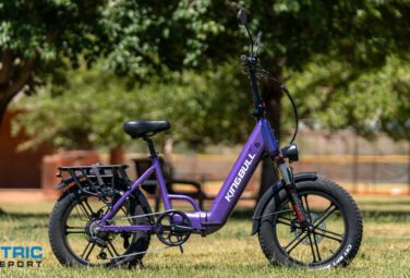 Purple electric bike with a black saddle and rear rack parked on grass in a park; Electric Bike Report watermark in corner.