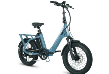 Blue electric cargo bike with a low-step frame, rear rack, and chunky tires (profile view).