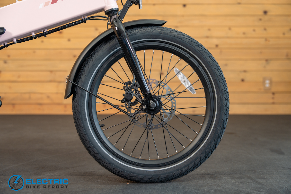 Lectric XP Lite 3 front wheel close-up detail on folding electric bike