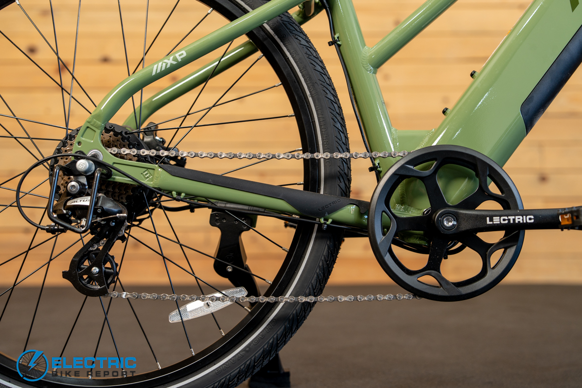 Lectric XPress Lite electric bike drivetrain components including motor chain and gearing system