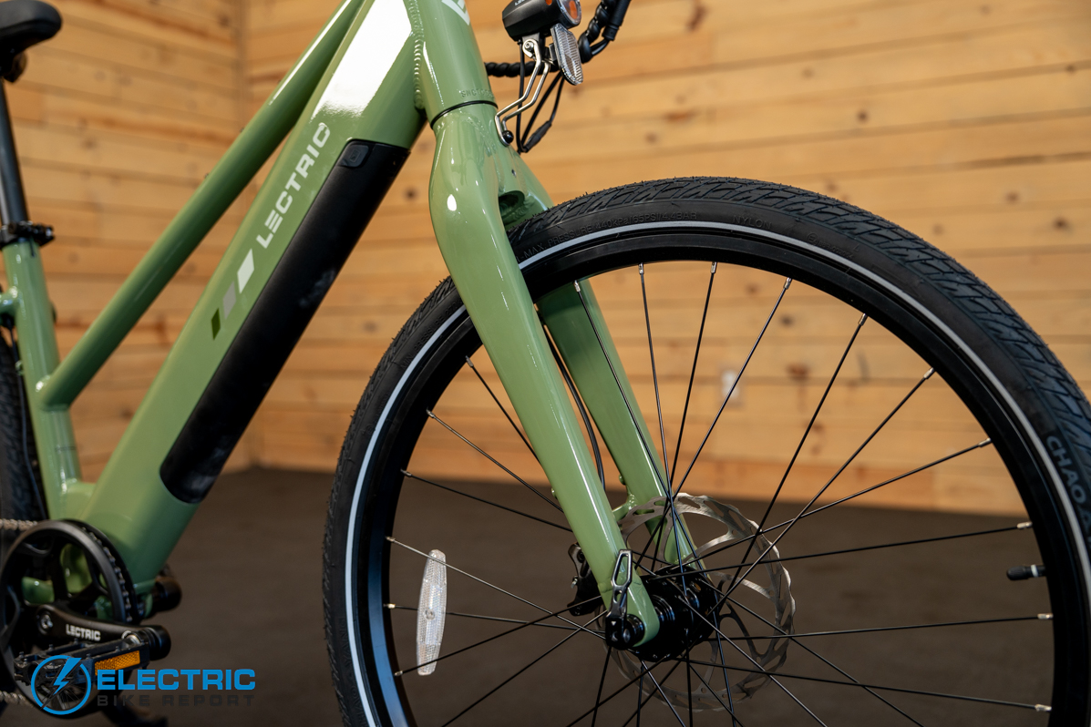 Lectric XPress Lite front fork suspension detail close-up