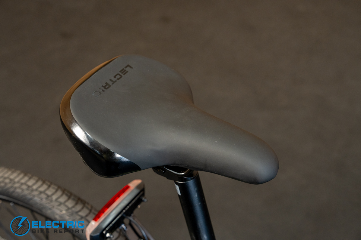 Lectric XPress Lite saddle and seat post close-up detail view